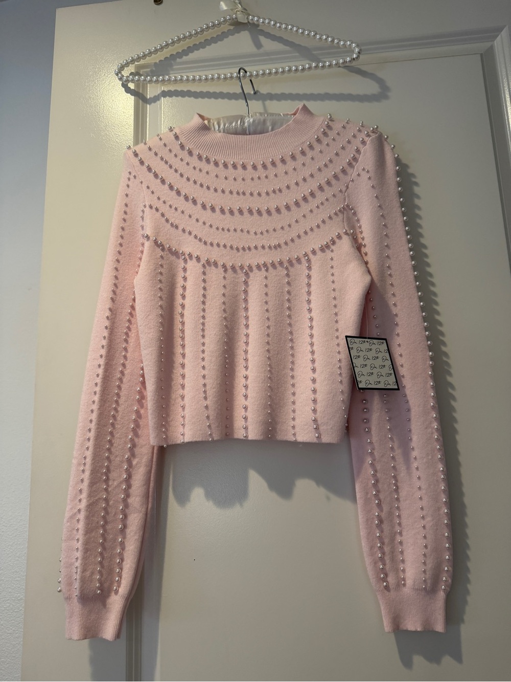 Pearl-Embellished Pink Cropped Sweater